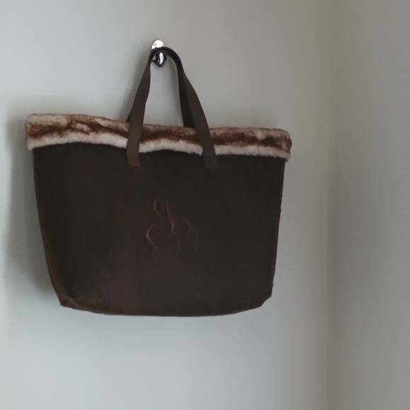Brown Tote Bag with Fur Trim Church Storage Academia Office Gift Travel - Picture 5 of 5